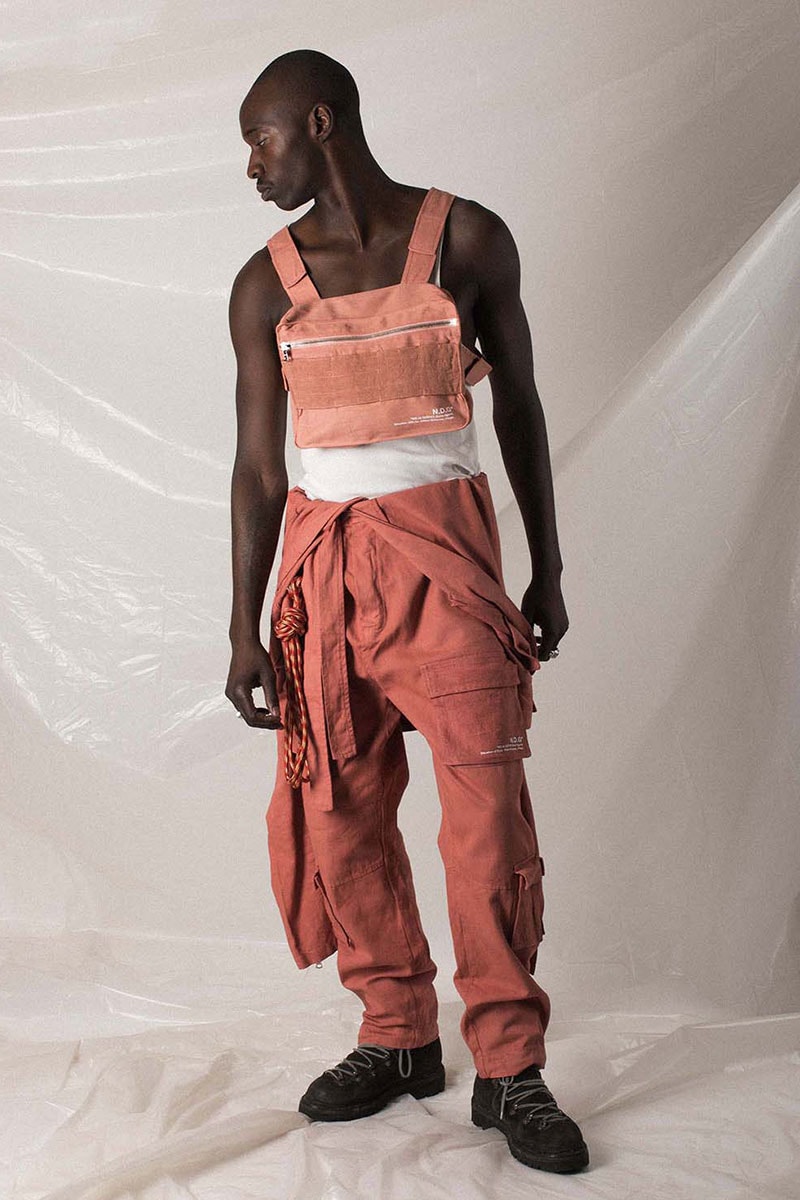 N.D.G. studio "Code de Travail" 2019 Collection lookbook fashion streetwear menswear style release date purchase chest pack cargo pants jumpsuit t shirt sherpa vest hoodie