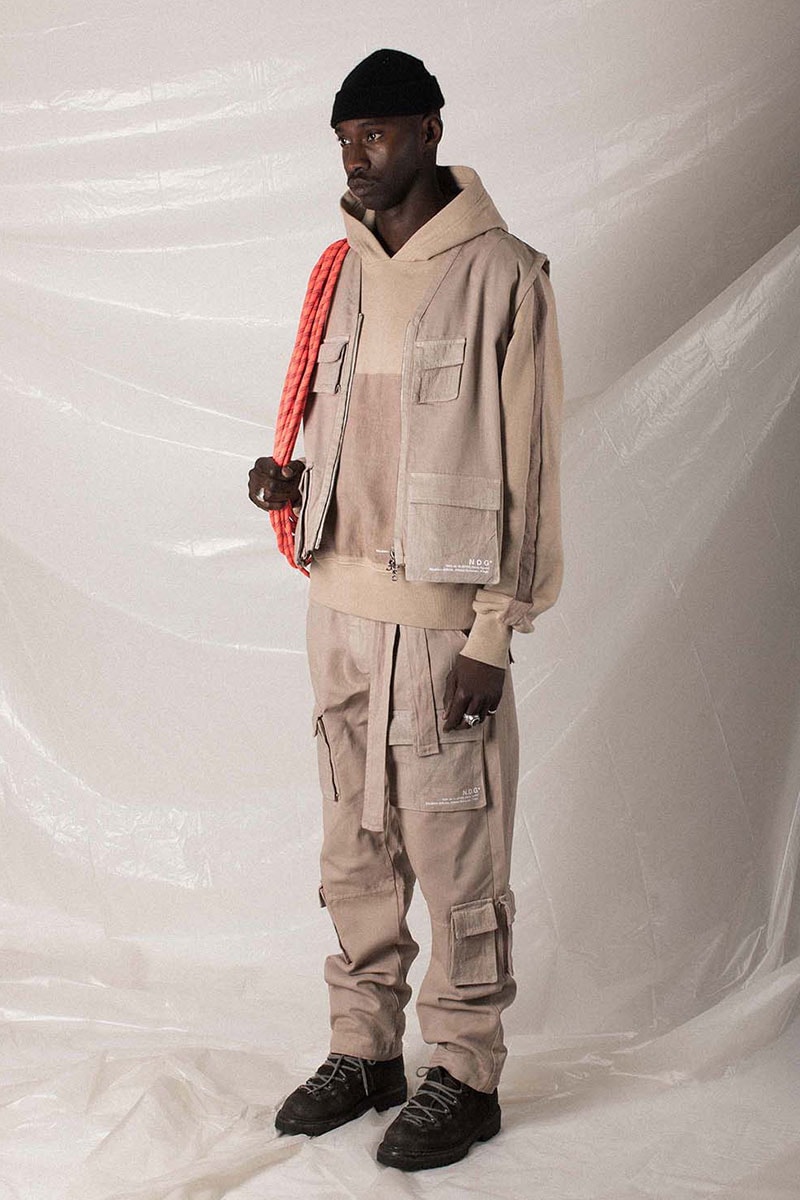 N.D.G. studio "Code de Travail" 2019 Collection lookbook fashion streetwear menswear style release date purchase chest pack cargo pants jumpsuit t shirt sherpa vest hoodie