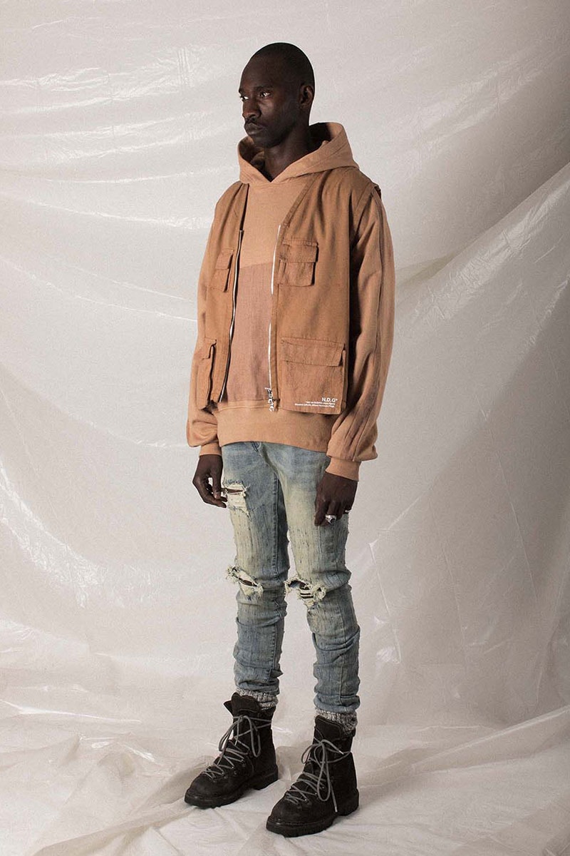 N.D.G. studio "Code de Travail" 2019 Collection lookbook fashion streetwear menswear style release date purchase chest pack cargo pants jumpsuit t shirt sherpa vest hoodie