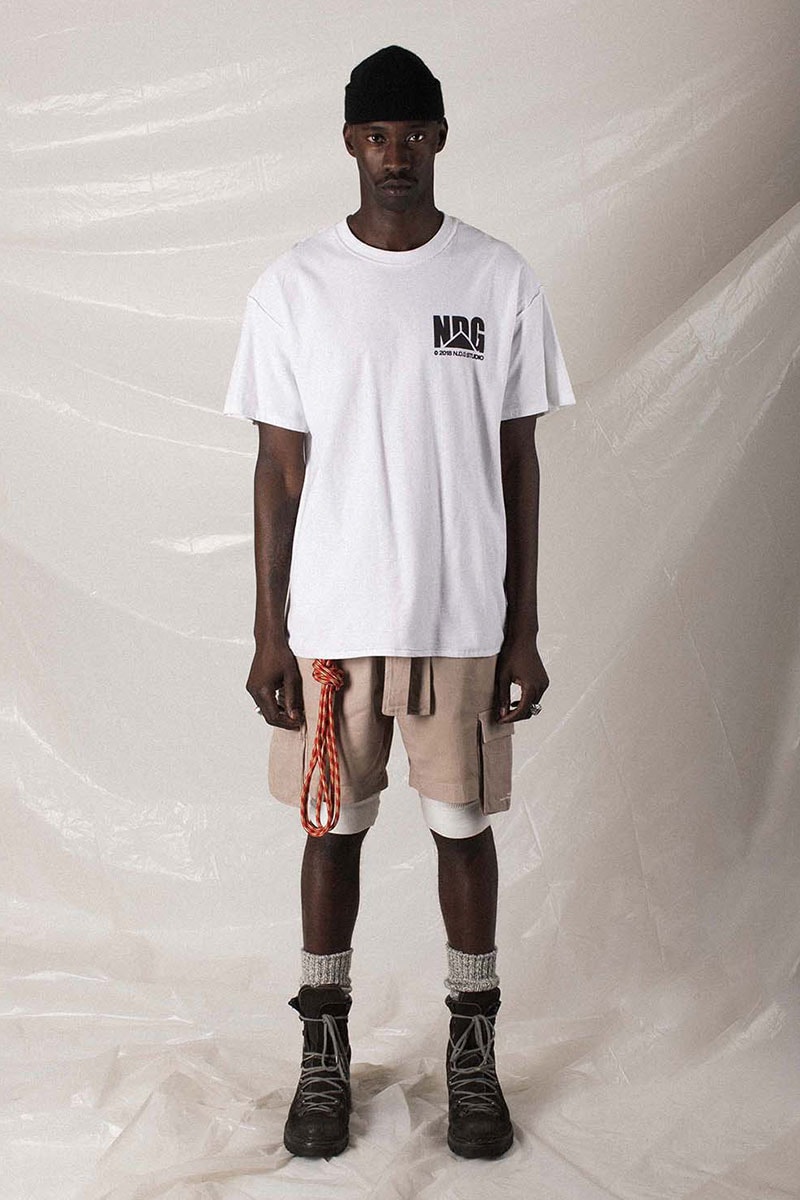 N.D.G. studio "Code de Travail" 2019 Collection lookbook fashion streetwear menswear style release date purchase chest pack cargo pants jumpsuit t shirt sherpa vest hoodie