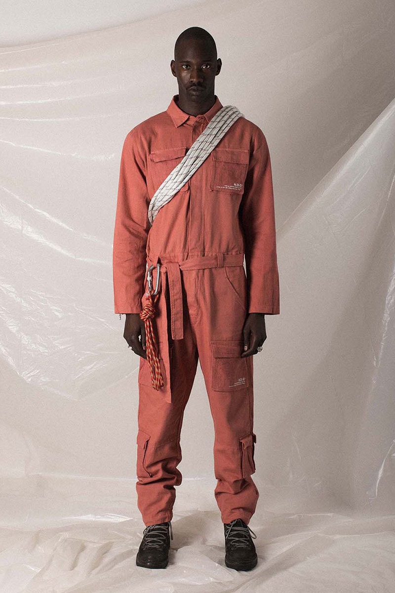 N.D.G. studio "Code de Travail" 2019 Collection lookbook fashion streetwear menswear style release date purchase chest pack cargo pants jumpsuit t shirt sherpa vest hoodie