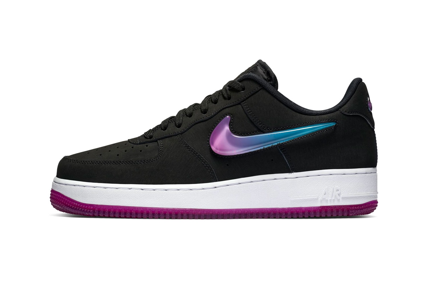 Nike Air Force 1 '07 Premium "Active Fuchsia" Oversized Jewel Swoosh gradient black pink blue colorway sneaker release date info price stockist Color: Black/Active Fuchsia-Blue Lagoon-White Style Code: AT4143 001