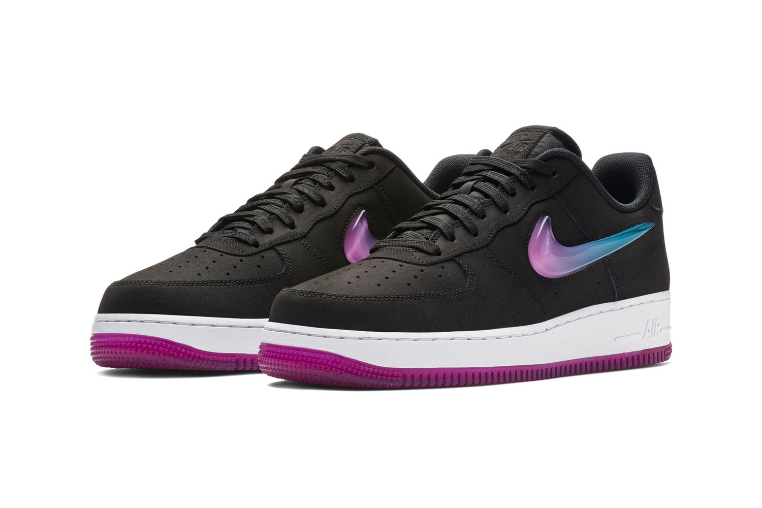 Nike Air Force 1 '07 Premium "Active Fuchsia" Oversized Jewel Swoosh gradient black pink blue colorway sneaker release date info price stockist Color: Black/Active Fuchsia-Blue Lagoon-White Style Code: AT4143 001