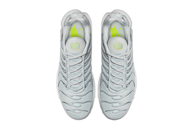 Nike Air Max Plus "Grey/Volt" Release Date grey silver mesh neon green sneaker  closer look buy cop purchase details