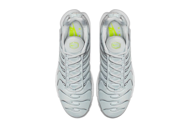 Nike Air Max Plus "Grey/Volt" Release Date grey silver mesh neon green sneaker  closer look buy cop purchase details