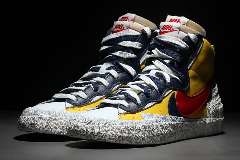 sacai nike blazer with the dunk collaboration blue yellow colorway on foot closer look release drop date info