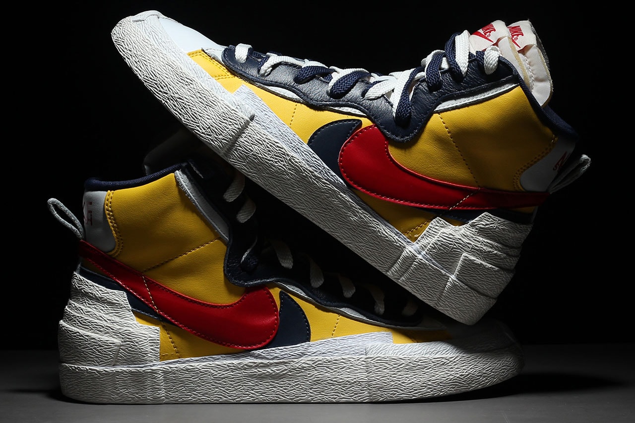 sacai nike blazer with the dunk collaboration blue yellow colorway on foot closer look release drop date info