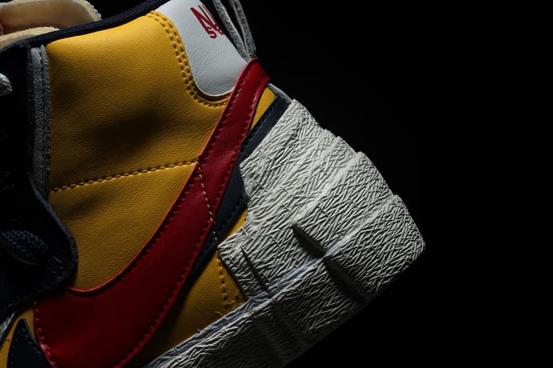 sacai nike blazer with the dunk collaboration blue yellow colorway on foot closer look release drop date info