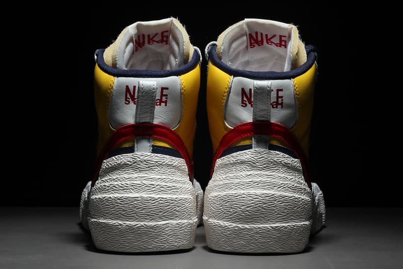 sacai nike blazer with the dunk collaboration blue yellow colorway on foot closer look release drop date info