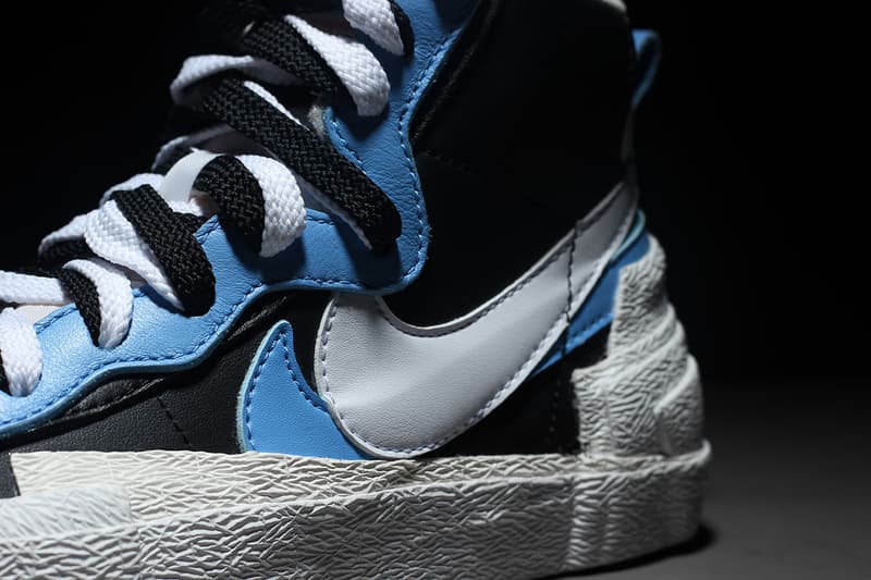 sacai nike blazer with the dunk collaboration blue yellow colorway on foot closer look release drop date info