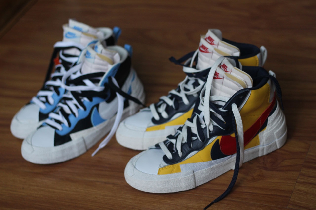 sacai nike blazer with the dunk collaboration blue yellow colorway on foot closer look release drop date info