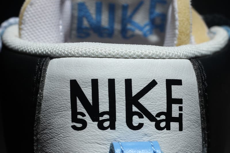 sacai nike blazer with the dunk collaboration blue yellow colorway on foot closer look release drop date info