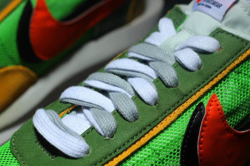 sacai x Nike LDV Waffle Daybreak Closer Look red yellow lime green suede 