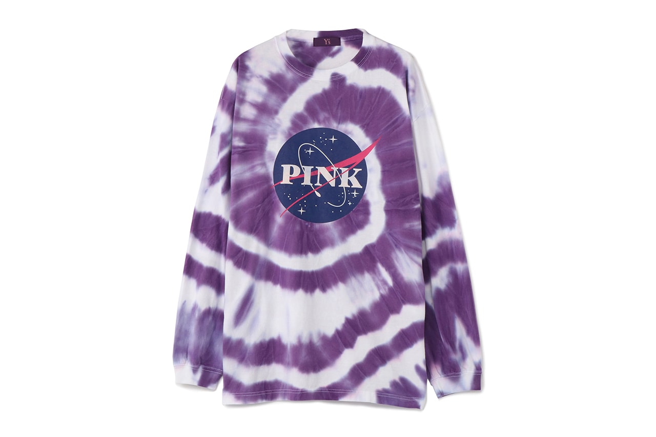 yohji yamamoto pink ys label nasa logo tie dye purple black tee shirt hoodie sweat pants drop release collection womenswear mens print graphic