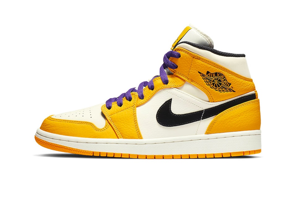 An Air Jordan 1 Low in the colors of the Los Angeles Lakers