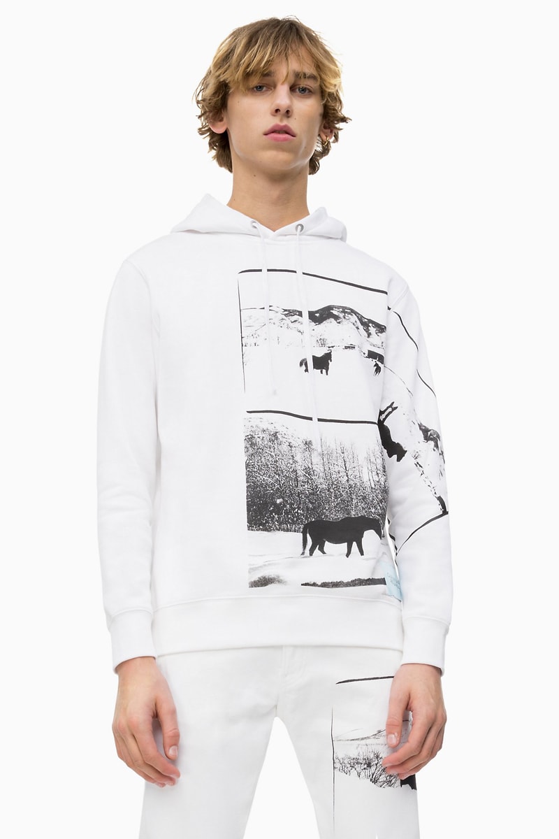 Andy Warhol Calvin Klein Landscapes Collection capsule 1984 black and white photos snowscapes snow mountains aspen colorado horse hoodie bomber jacket denim jeans trucker jacket tee t-shirt 