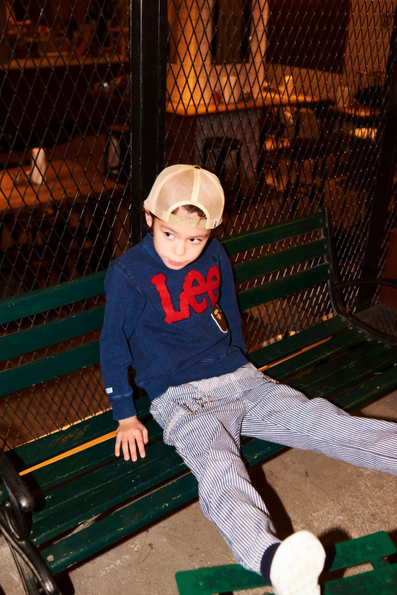 bape kids lee jeans collaboration lookbook images overalls hoodie sweatshirt train conductor baby milo shark