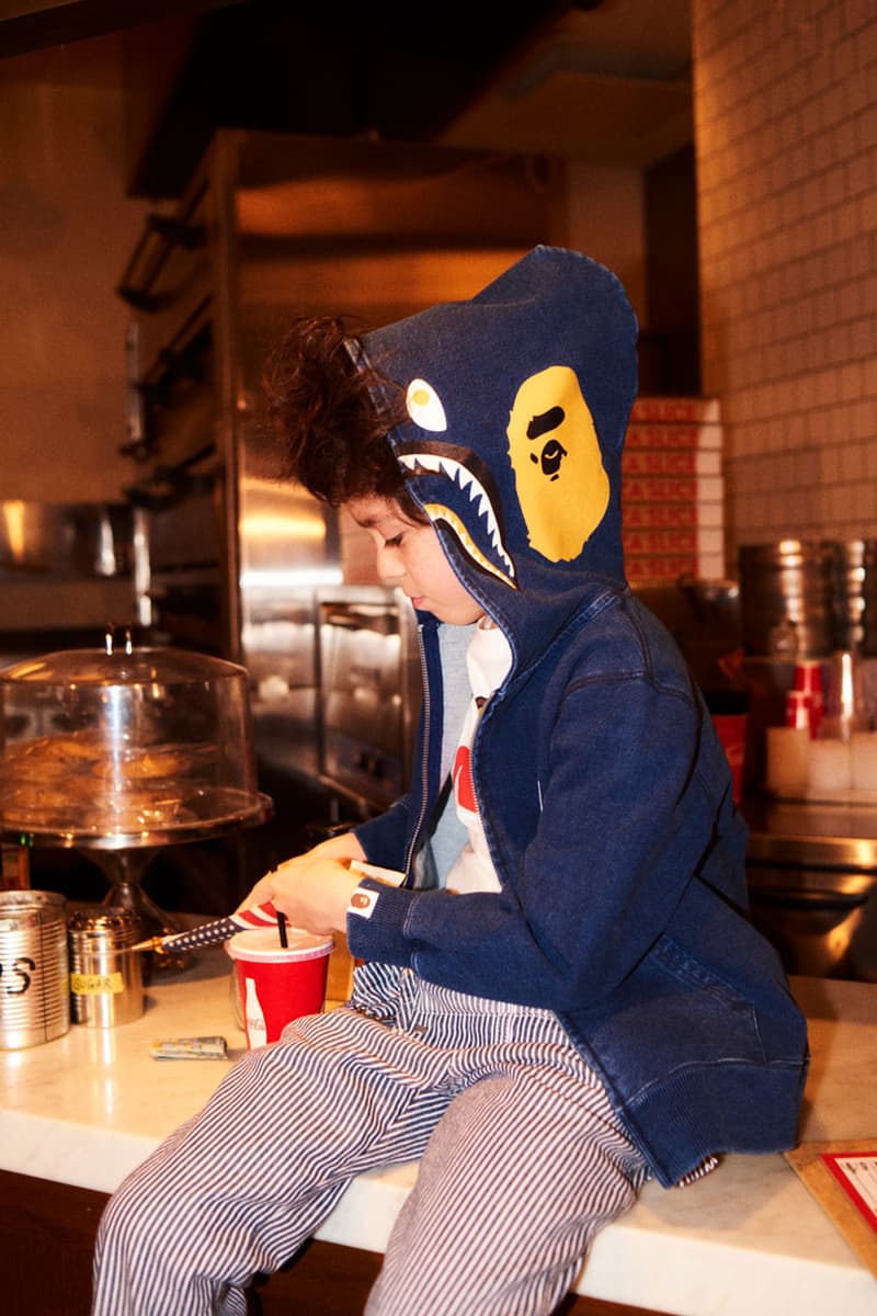 bape kids lee jeans collaboration lookbook images overalls hoodie sweatshirt train conductor baby milo shark