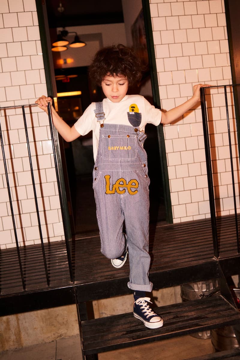 bape kids lee jeans collaboration lookbook images overalls hoodie sweatshirt train conductor baby milo shark