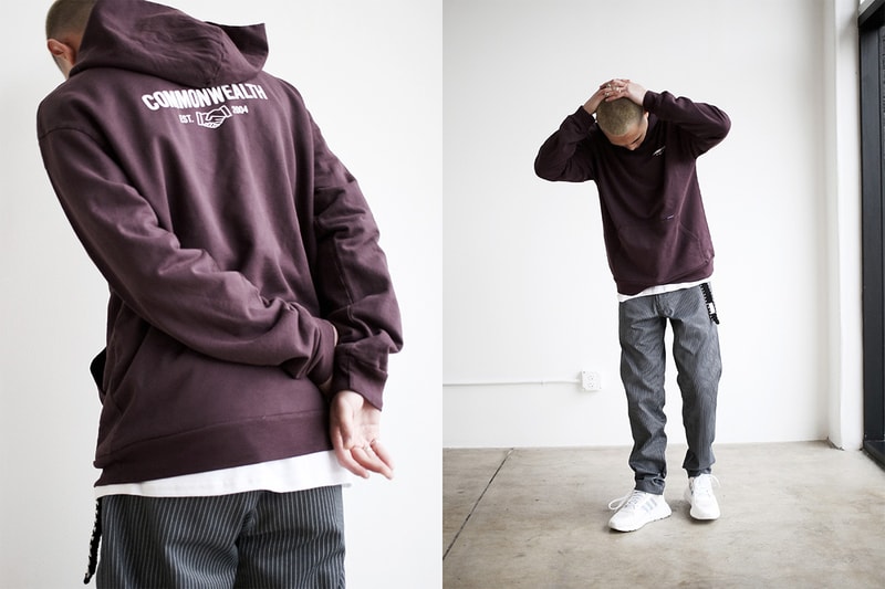 Commonwealth Spring/Summer 2019 Lookbook made in the usa pin stripe pants stretch twill pants 500 gram usa milled fleece belts made in jamaica bruce lee malcolm x sade Commonwealth x adidas consortium "FNF"