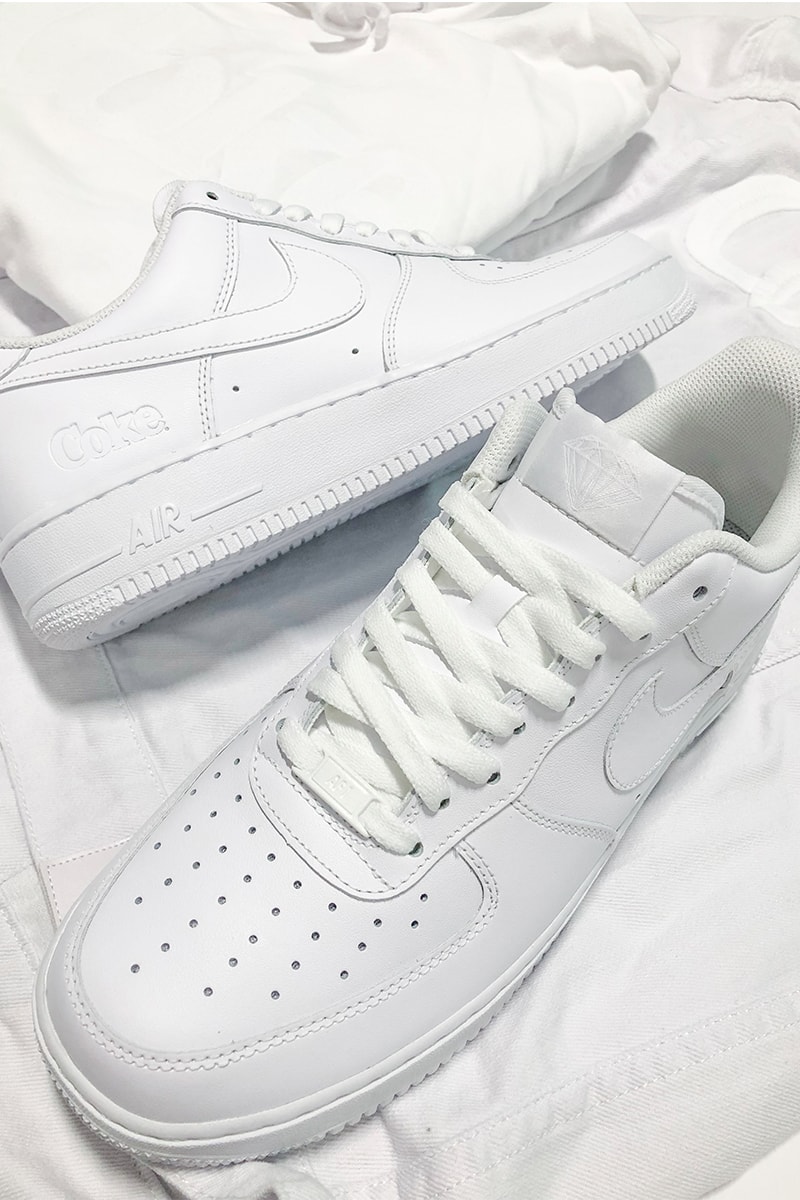 Diamond Supply Co Coca Cola Nike Air Force 1 Coke White Collection denim jacket hoodie t shirt skate deck socks pants Nicky Release Info Date