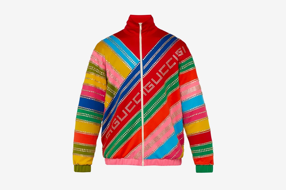 Gucci Crystal Embellished Striped Bomber Jacket Release Info Date MATCHESFASHION.COM red blue green yellow pink