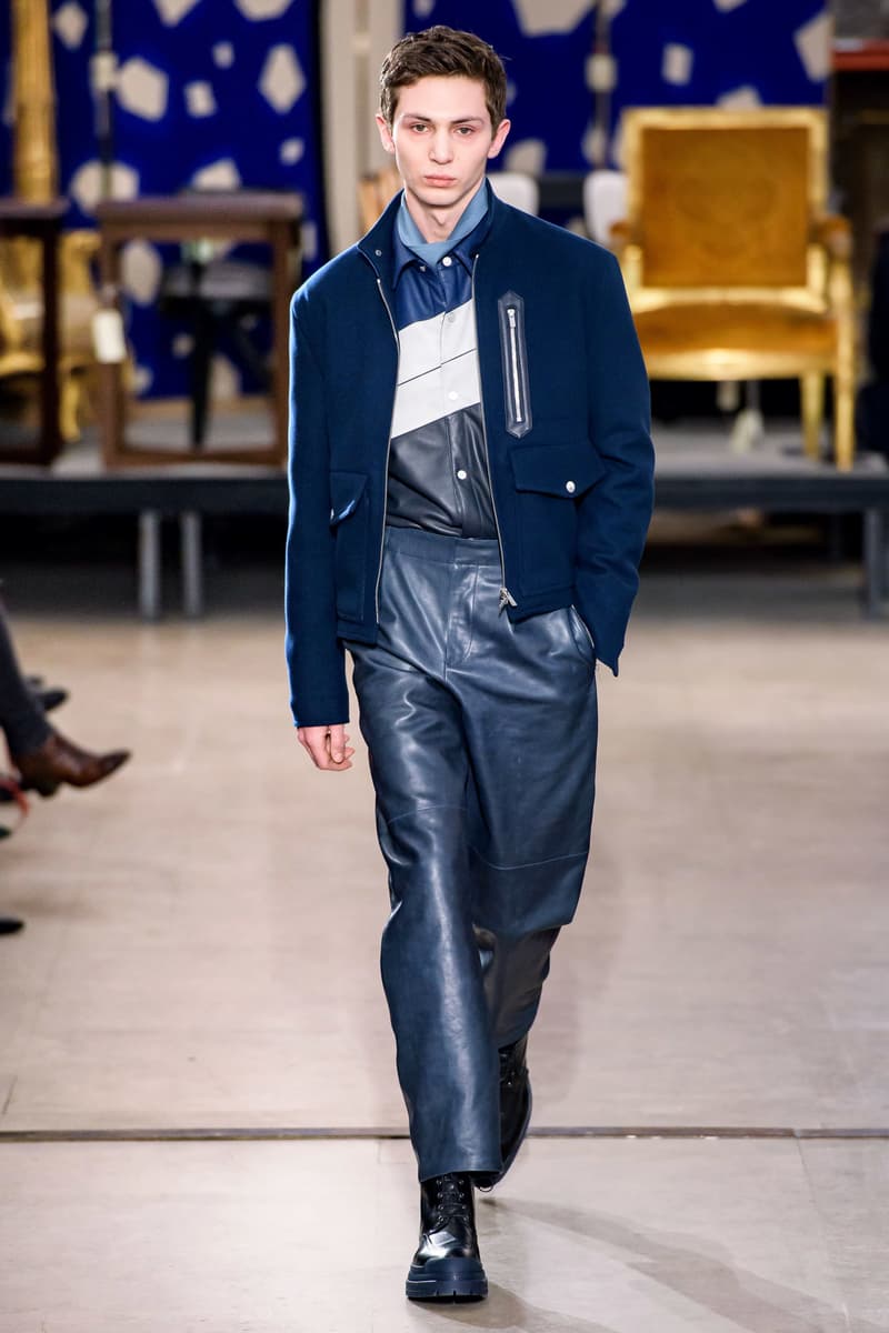 hermes fw19 fall winter 2018 mens menswear collection runway paris fashion week january clothes coats outerwear shirts pants jackets leather blue brown grey gray black orange brown info details