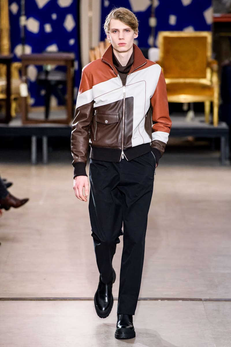 hermes fw19 fall winter 2018 mens menswear collection runway paris fashion week january clothes coats outerwear shirts pants jackets leather blue brown grey gray black orange brown info details