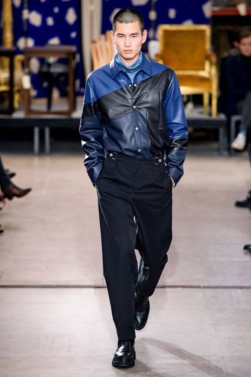 hermes fw19 fall winter 2018 mens menswear collection runway paris fashion week january clothes coats outerwear shirts pants jackets leather blue brown grey gray black orange brown info details