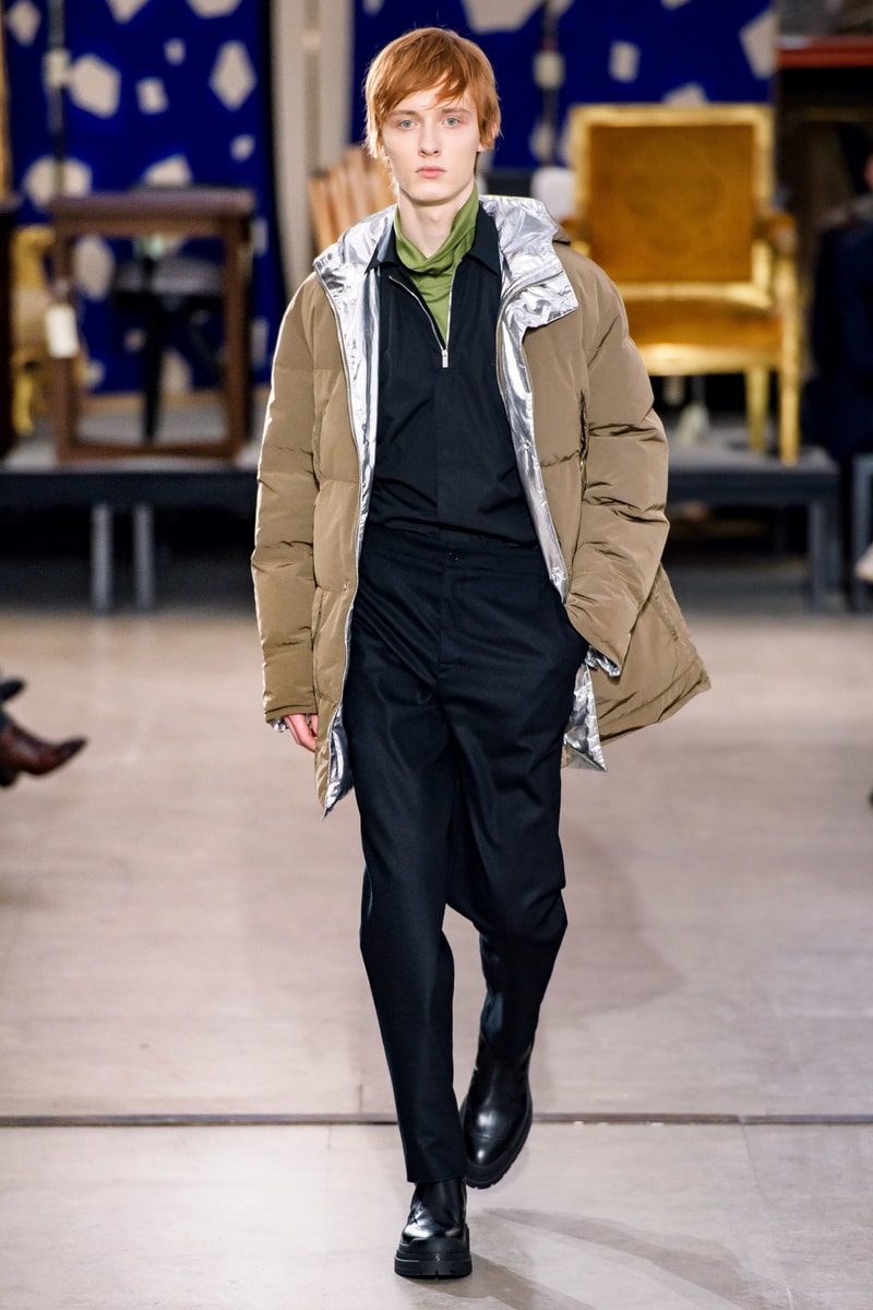 hermes fw19 fall winter 2018 mens menswear collection runway paris fashion week january clothes coats outerwear shirts pants jackets leather blue brown grey gray black orange brown info details