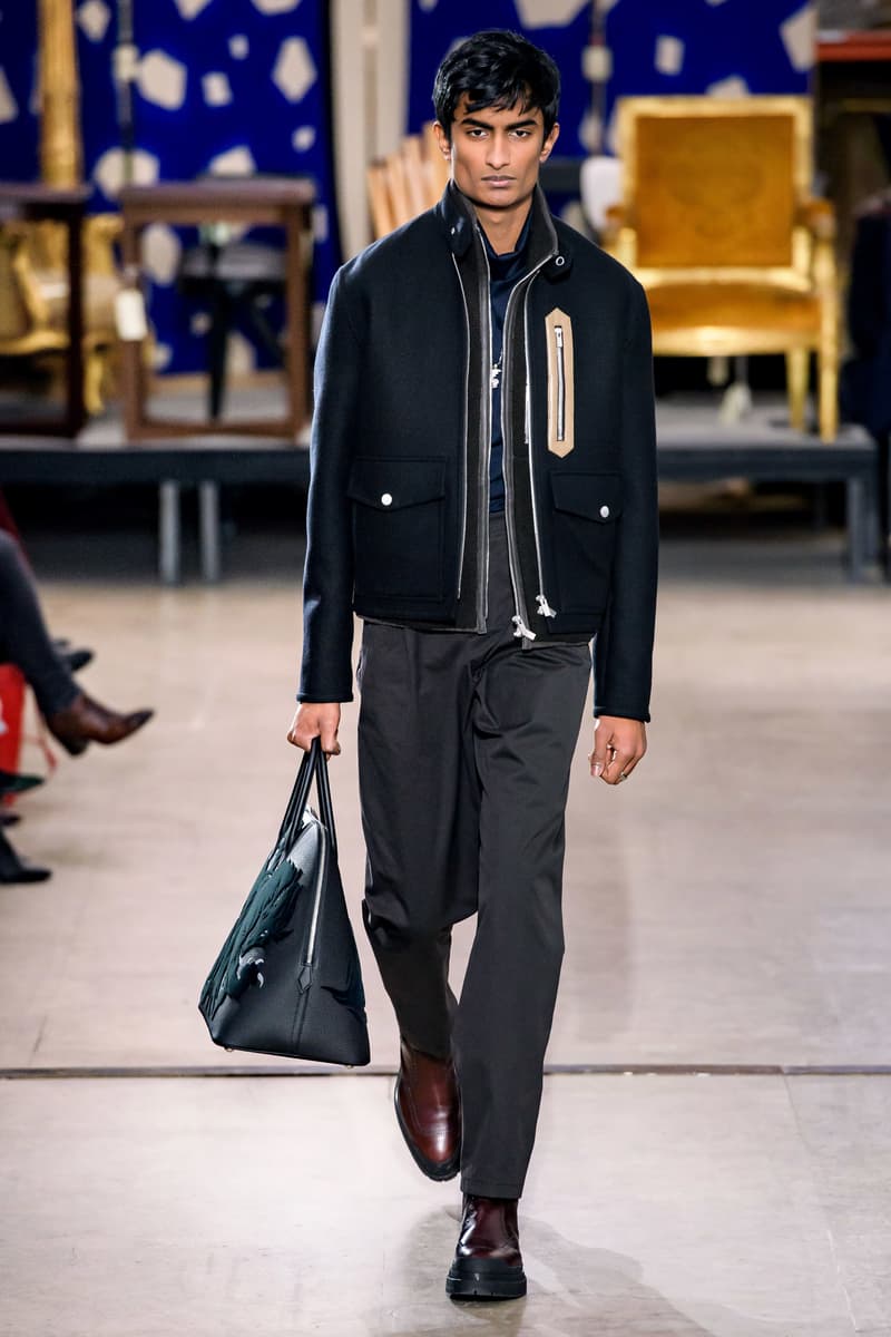 hermes fw19 fall winter 2018 mens menswear collection runway paris fashion week january clothes coats outerwear shirts pants jackets leather blue brown grey gray black orange brown info details