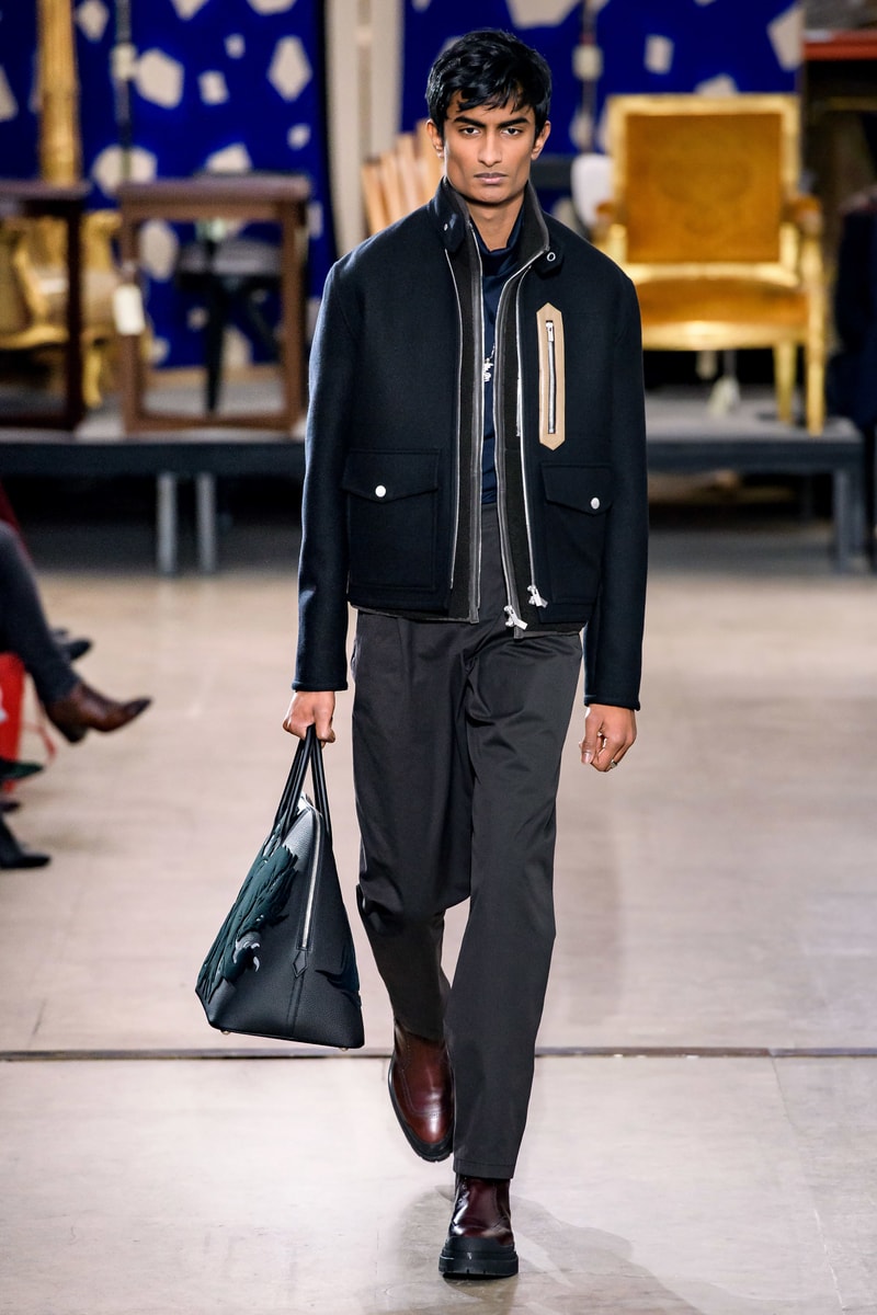 hermes fw19 fall winter 2018 mens menswear collection runway paris fashion week january clothes coats outerwear shirts pants jackets leather blue brown grey gray black orange brown info details