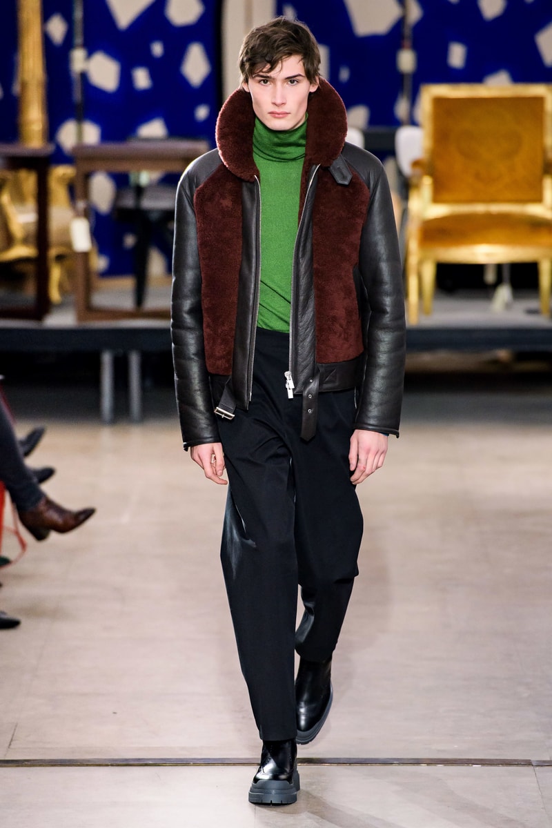 hermes fw19 fall winter 2018 mens menswear collection runway paris fashion week january clothes coats outerwear shirts pants jackets leather blue brown grey gray black orange brown info details