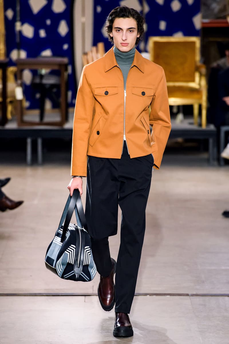 hermes fw19 fall winter 2018 mens menswear collection runway paris fashion week january clothes coats outerwear shirts pants jackets leather blue brown grey gray black orange brown info details