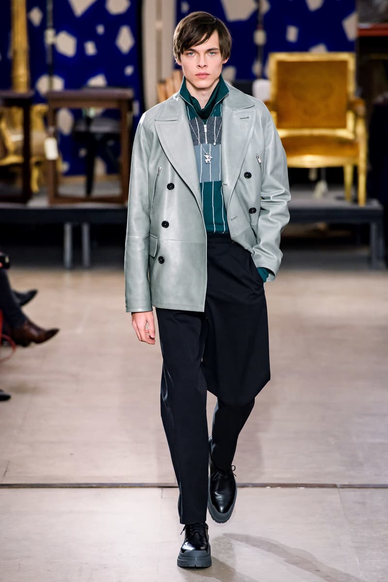 hermes fw19 fall winter 2018 mens menswear collection runway paris fashion week january clothes coats outerwear shirts pants jackets leather blue brown grey gray black orange brown info details