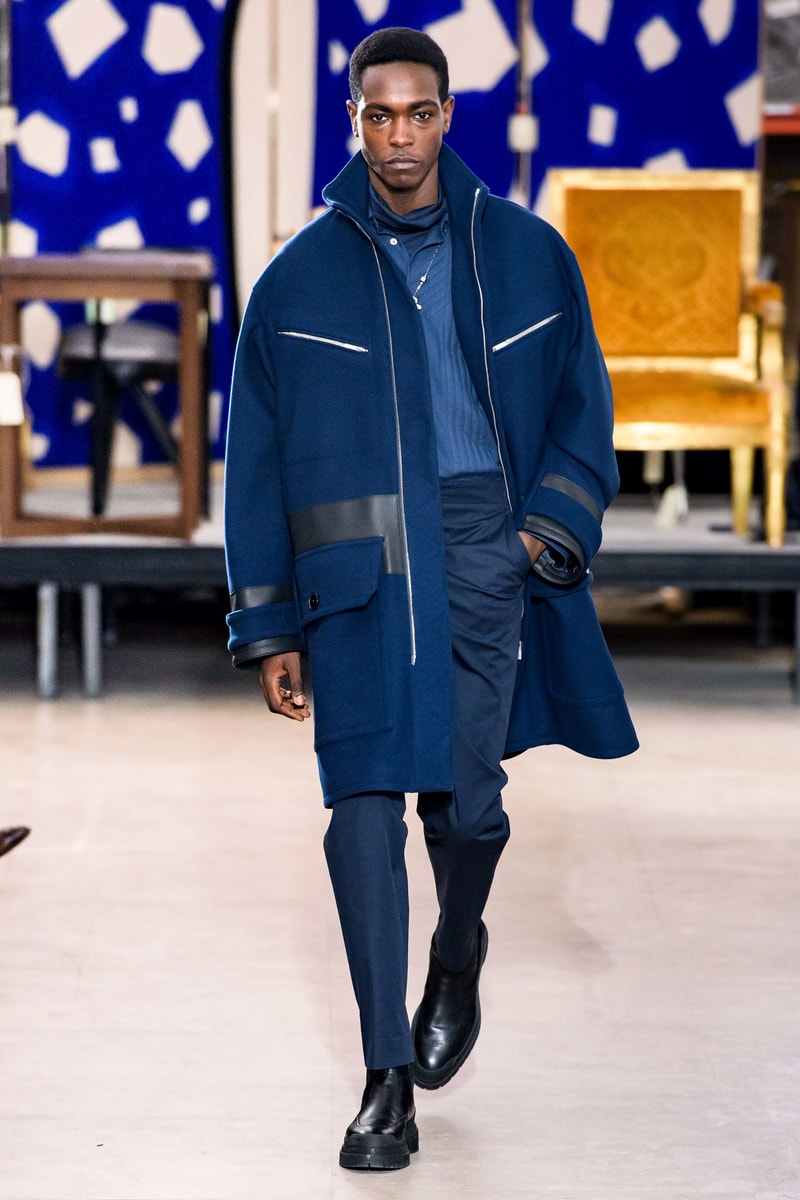 hermes fw19 fall winter 2018 mens menswear collection runway paris fashion week january clothes coats outerwear shirts pants jackets leather blue brown grey gray black orange brown info details