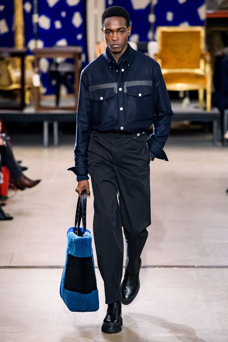 hermes fw19 fall winter 2018 mens menswear collection runway paris fashion week january clothes coats outerwear shirts pants jackets leather blue brown grey gray black orange brown info details