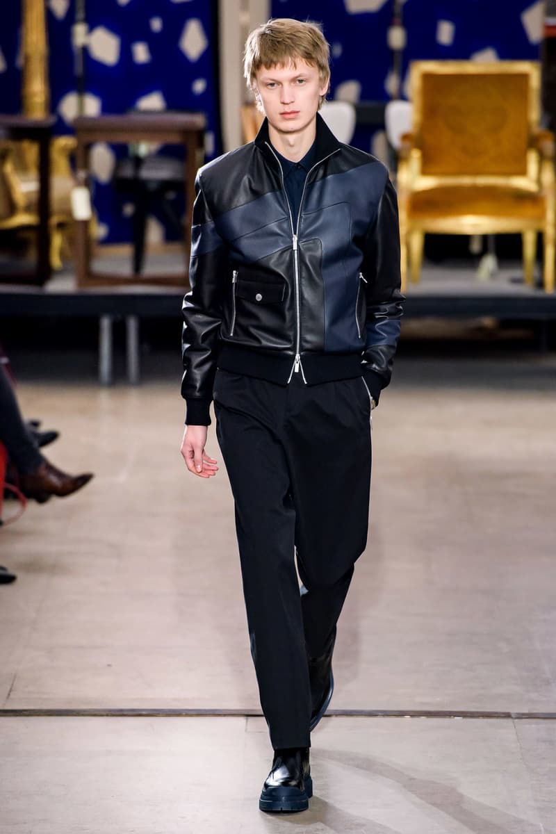 hermes fw19 fall winter 2018 mens menswear collection runway paris fashion week january clothes coats outerwear shirts pants jackets leather blue brown grey gray black orange brown info details