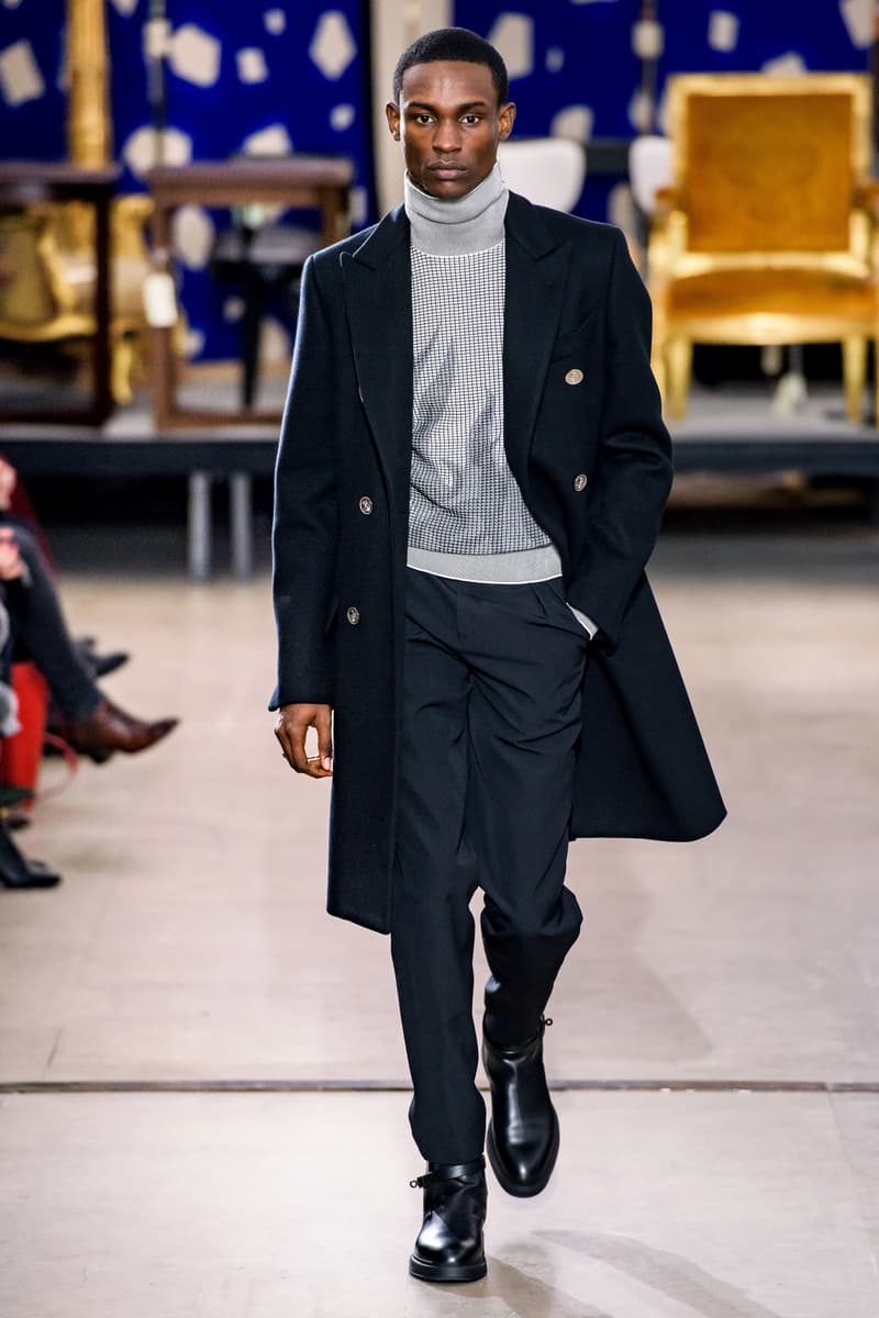 hermes fw19 fall winter 2018 mens menswear collection runway paris fashion week january clothes coats outerwear shirts pants jackets leather blue brown grey gray black orange brown info details