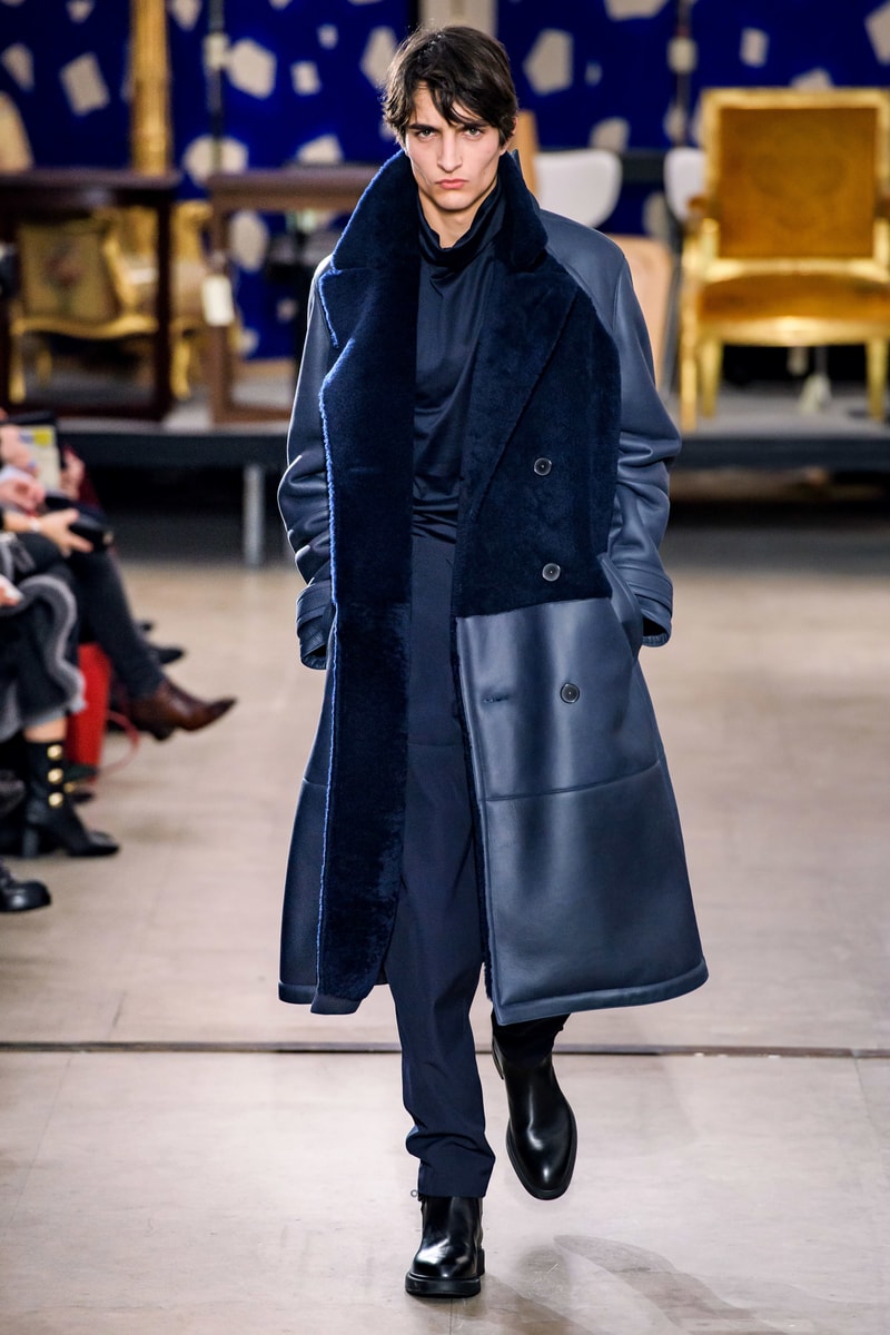 hermes fw19 fall winter 2018 mens menswear collection runway paris fashion week january clothes coats outerwear shirts pants jackets leather blue brown grey gray black orange brown info details