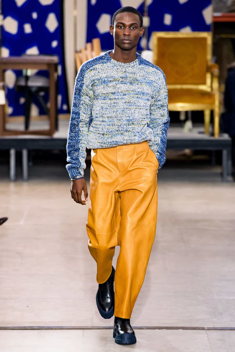 hermes fw19 fall winter 2018 mens menswear collection runway paris fashion week january clothes coats outerwear shirts pants jackets leather blue brown grey gray black orange brown info details