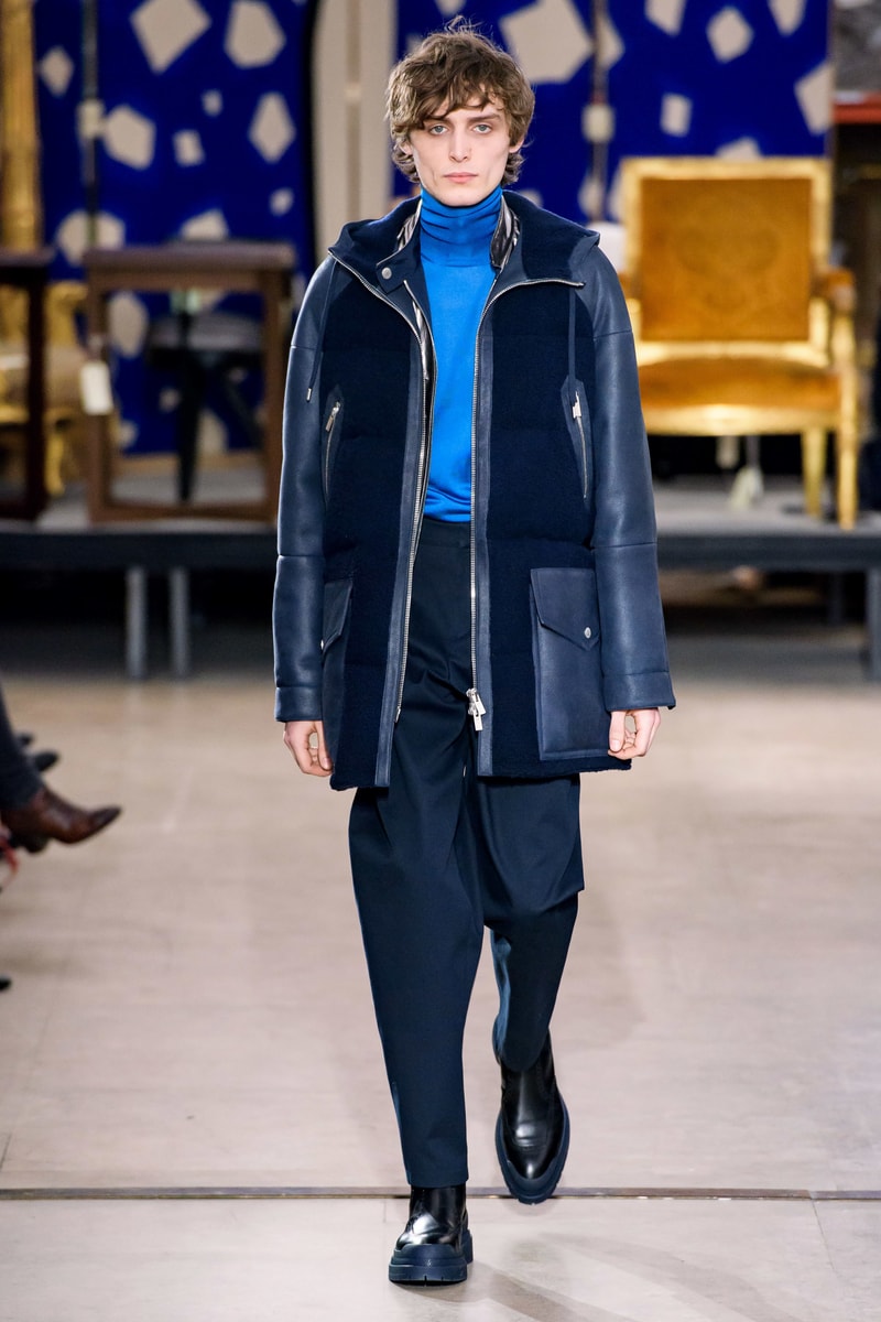 hermes fw19 fall winter 2018 mens menswear collection runway paris fashion week january clothes coats outerwear shirts pants jackets leather blue brown grey gray black orange brown info details