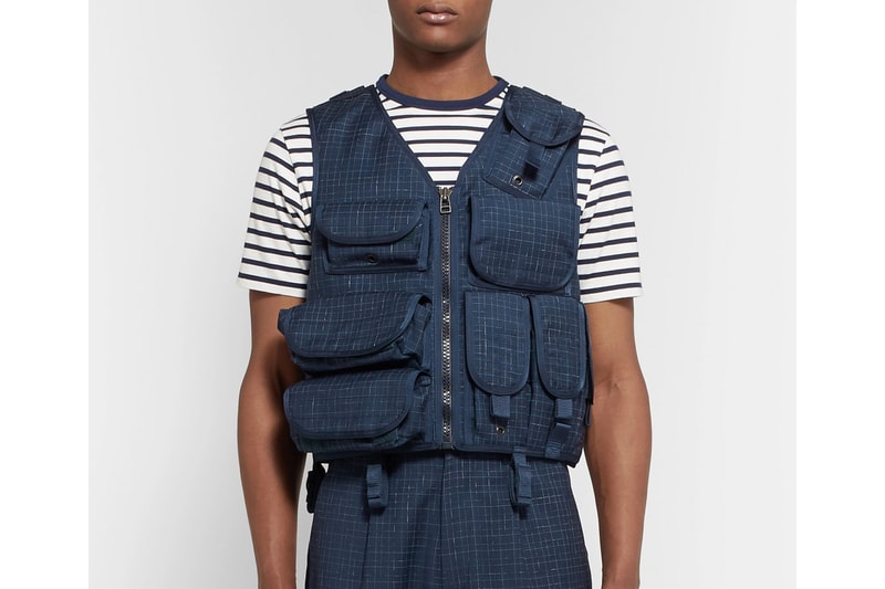 Junya Watanabe Military-Inspired Grosgrain-Trimmed Checked Wool Vest made in japan velcro straps fastening blue navy camo camoflauge lined lining Ark Air 