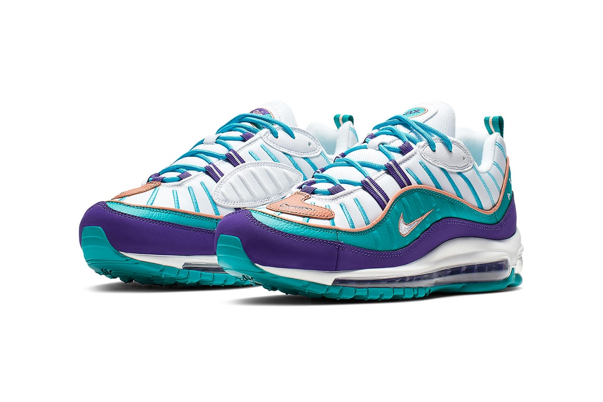 Nike Air Max 98 Charlotte Hornets Colorway "Court Purple/Terra Blush-Spirit Teal" 640744-500 release info price stockists web store air max unit air bubble sole 