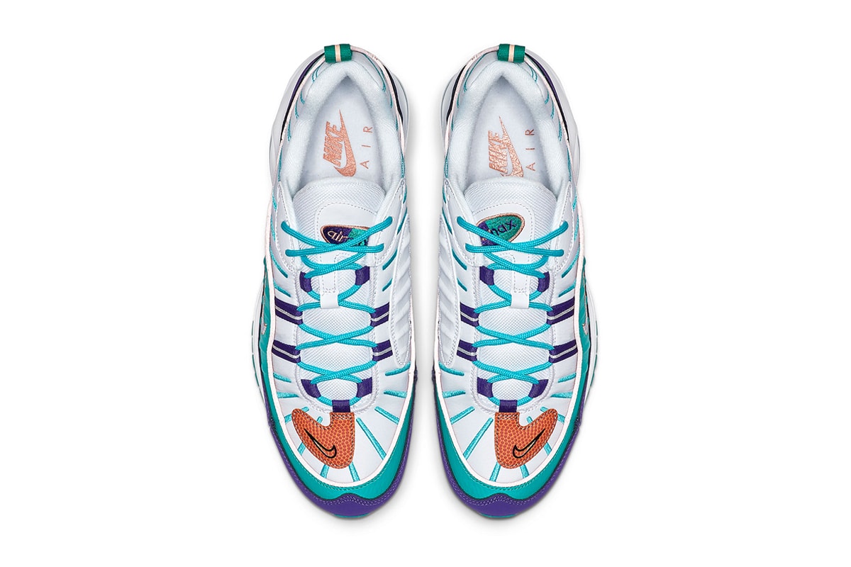Nike Air Max 98 Charlotte Hornets Colorway "Court Purple/Terra Blush-Spirit Teal" 640744-500 release info price stockists web store air max unit air bubble sole 