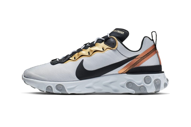 Nike React Element 55 "Metallic Gold" Release sneakers silver black swoosh