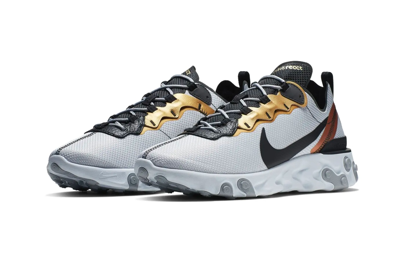 Nike React Element 55 "Metallic Gold" Release sneakers silver black swoosh