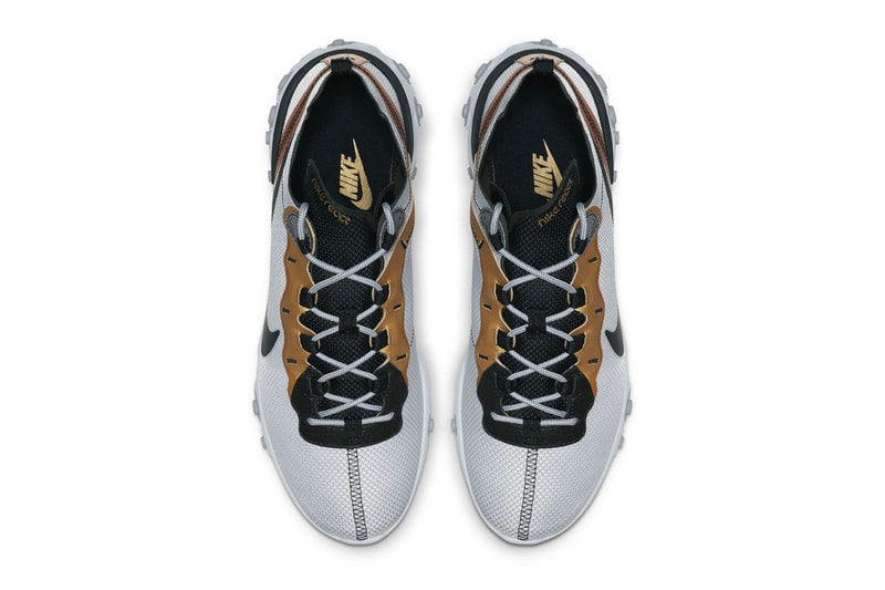 Nike React Element 55 "Metallic Gold" Release sneakers silver black swoosh