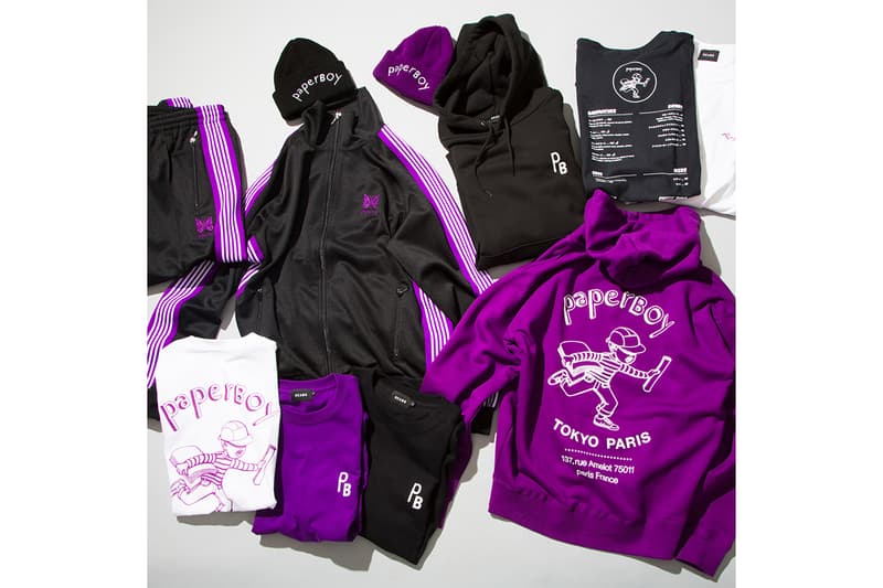 PaperBoy Paris BEAMS NEEDLES Capsule Pop Up Paris Fashion week Tracksuit jacket pants beanies hoodie t shirt black purple poly smooth