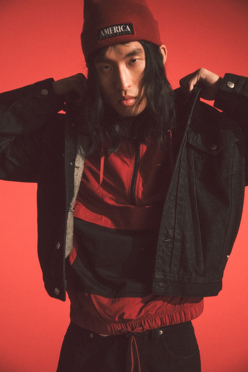 Perry Ellis America II 2019 Lookbook Winter primary colors blue red yellow gold black white denim shirts tees track pants shoes sneaker ‘90s vintage New York ready-to-wear 